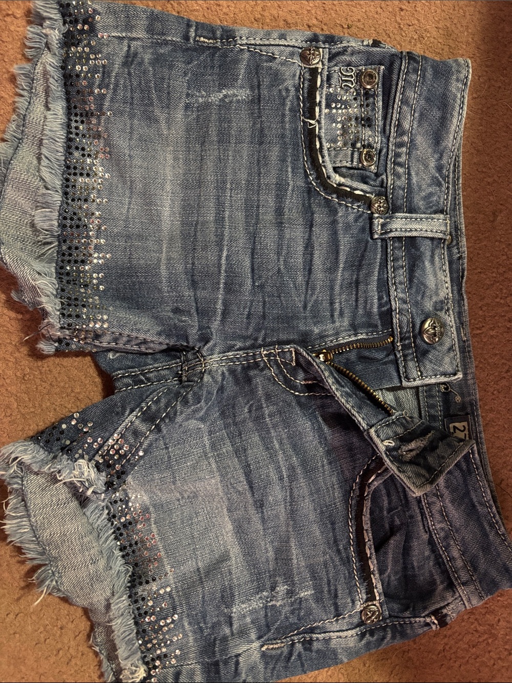 Miss Me Blue Denim Frayed Hem Embellished Shorts